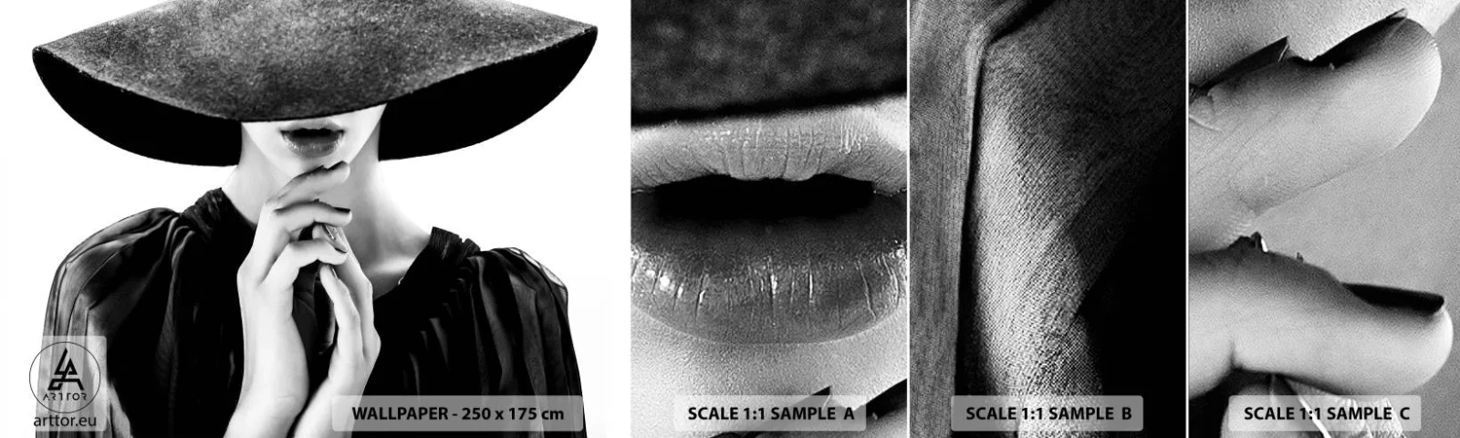 Fotobehang Staaltje Standard Eco - Verborgen schoonheid - Vrouw In Een Hoed, Dameshanden, Mode - 100x30 cm