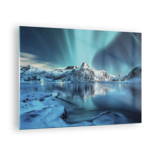 Schilderen op glas - Aurora Borealis boven de met sneeuw bedekte bergen - 70x50cm - lichtnacht - Moderne wanddecoratie voor woonkamer en slaapkamer ARTTOR