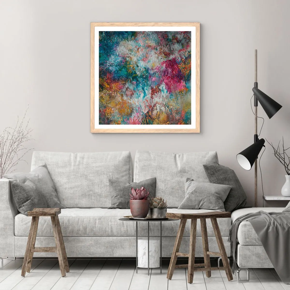 Een poster in een licht eiken lijst - Volledig in bloei - 40x40 cm