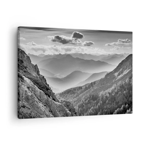 Schilderen op canvas - Zwart-wit berglandschap met wolken boven de toppen - 70x50cm - Tot aan de horizon - Moderne wanddecoratie voor woonkamer en slaapkamer ARTTOR