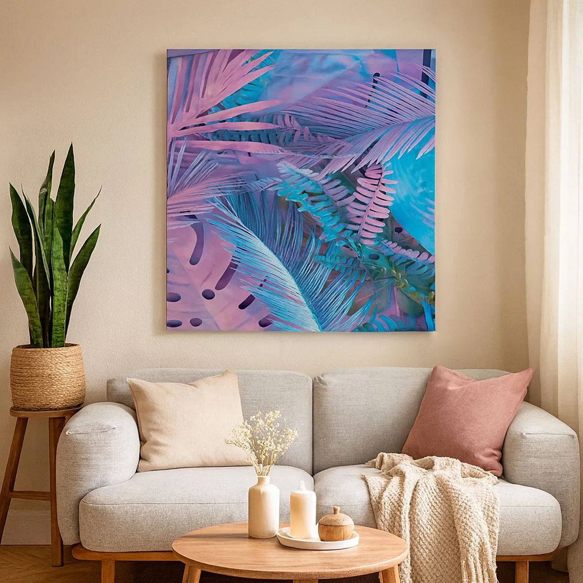 Schilderen op canvas - Tropen in roze en blauw - 30x30 cm