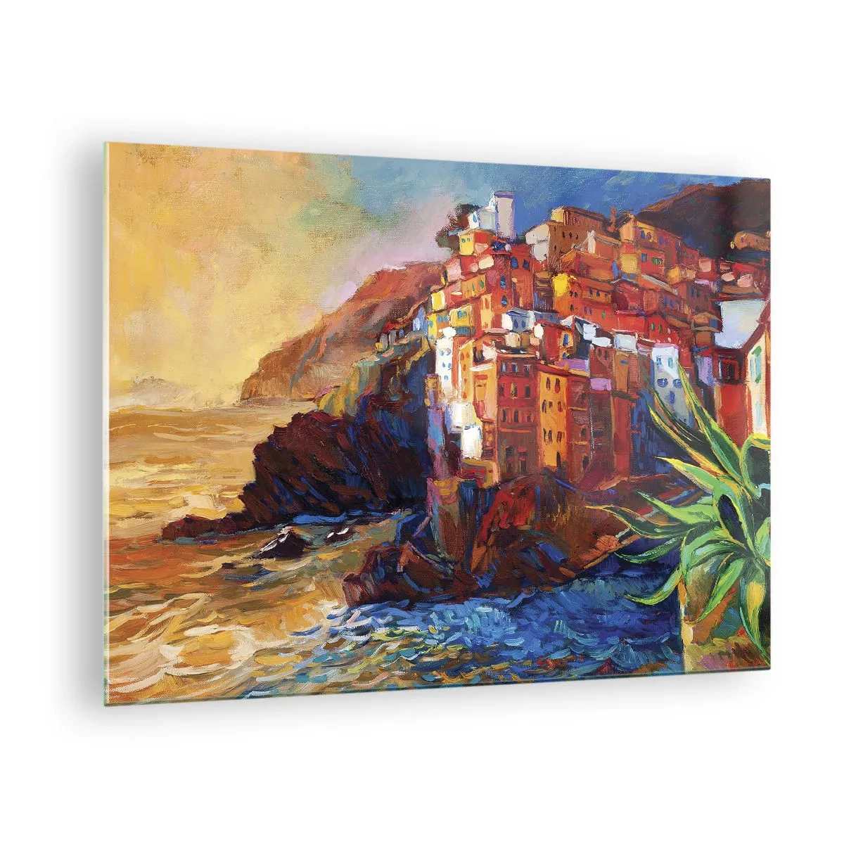 Schilderen op glas - Een kleurrijk stadje op een klif met uitzicht op de zee - 70x50cm - Italiaanse sfeer - Moderne wanddecoratie voor woonkamer en slaapkamer ARTTOR