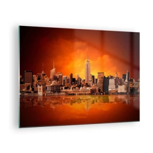 Schilderen op glas - Panorama van de stad bij zonsondergang - 70x50cm - Het grote stadspanorama in geel en brons - Moderne wanddecoratie voor woonkamer en slaapkamer ARTTOR