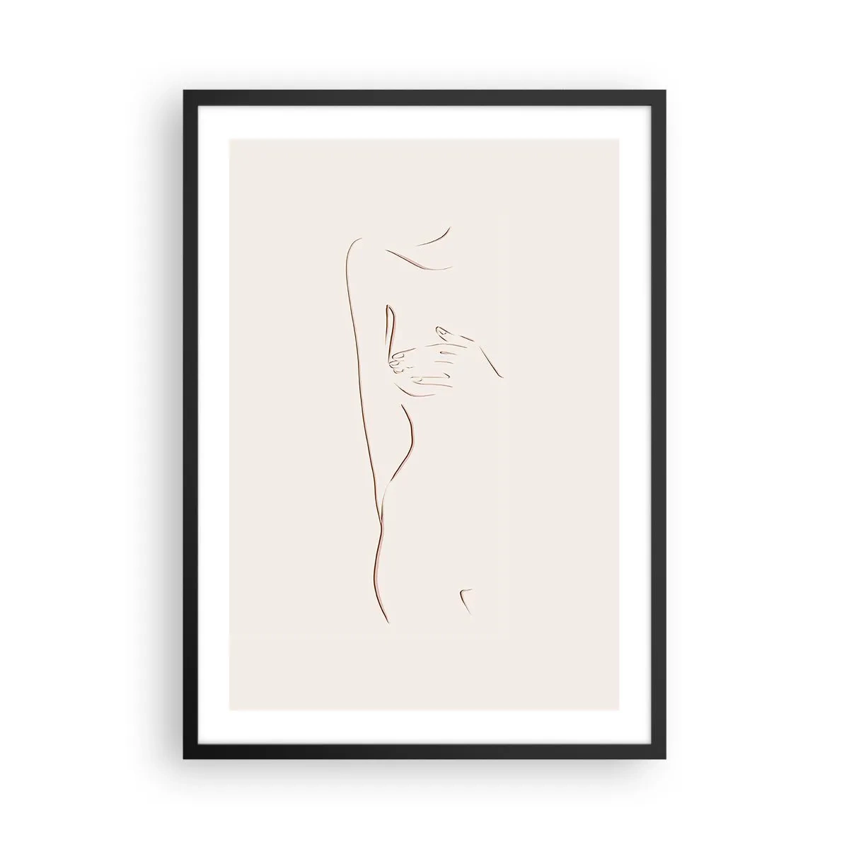 Poster in een zwarte lijst - Een minimalistische lijntekening van een vrouwelijk silhouet op een lichte achtergrond. - 50x70cm - De vorm van verlangen - Moderne wanddecoratie voor woonkamer en slaapkamer ARTTOR