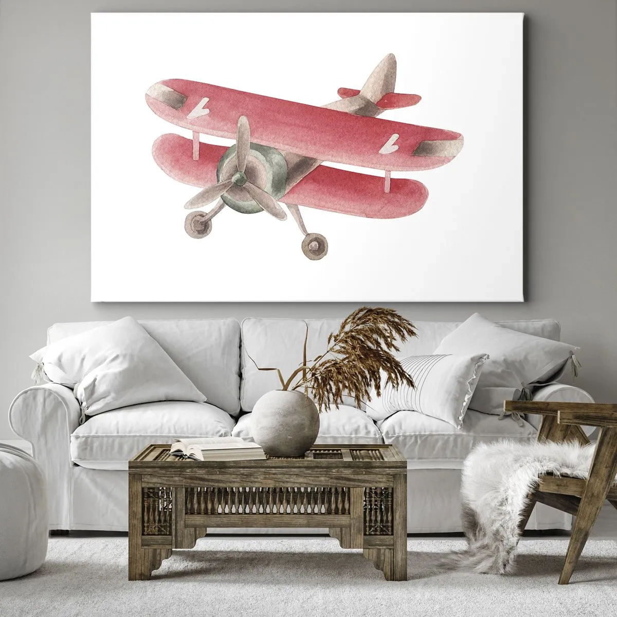 Schilderen op canvas - Rood retro vliegtuig op een witte achtergrond - 70x50cm - Klaar voor hoge vluchten - Moderne wanddecoratie voor woonkamer en slaapkamer ARTTOR