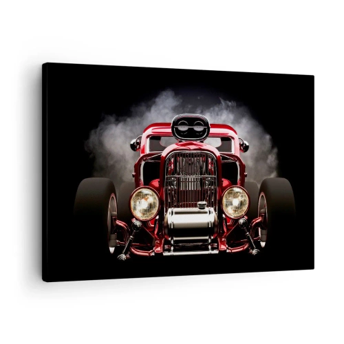 Schilderen op canvas - Rode klassieke raceauto op een donkere achtergrond - 70x50cm - Snel en razend mooi - Moderne wanddecoratie voor woonkamer en slaapkamer ARTTOR