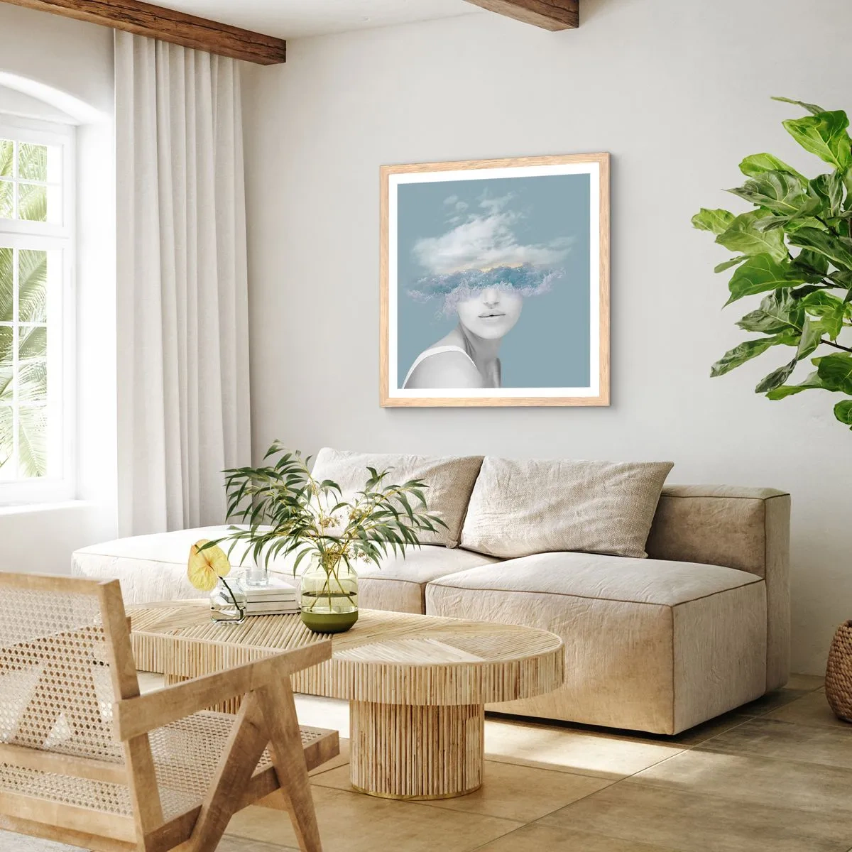 Een poster in een licht eiken lijst - Met hoofd in de wolken - 40x40 cm
