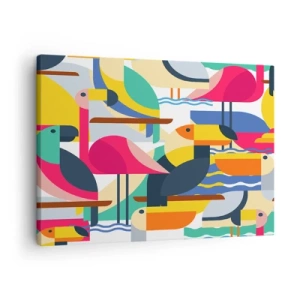 Schilderen op canvas - Kleurrijke vogels in een abstracte, geometrische compositie - 70x50cm - Vogelfeestje - Moderne wanddecoratie voor woonkamer en slaapkamer ARTTOR