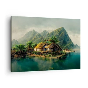 Schilderen op canvas - Een tropisch eiland met palmbomen en bergen op de achtergrond - 70x50cm - Tropisch paradijs - Moderne wanddecoratie voor woonkamer en slaapkamer ARTTOR