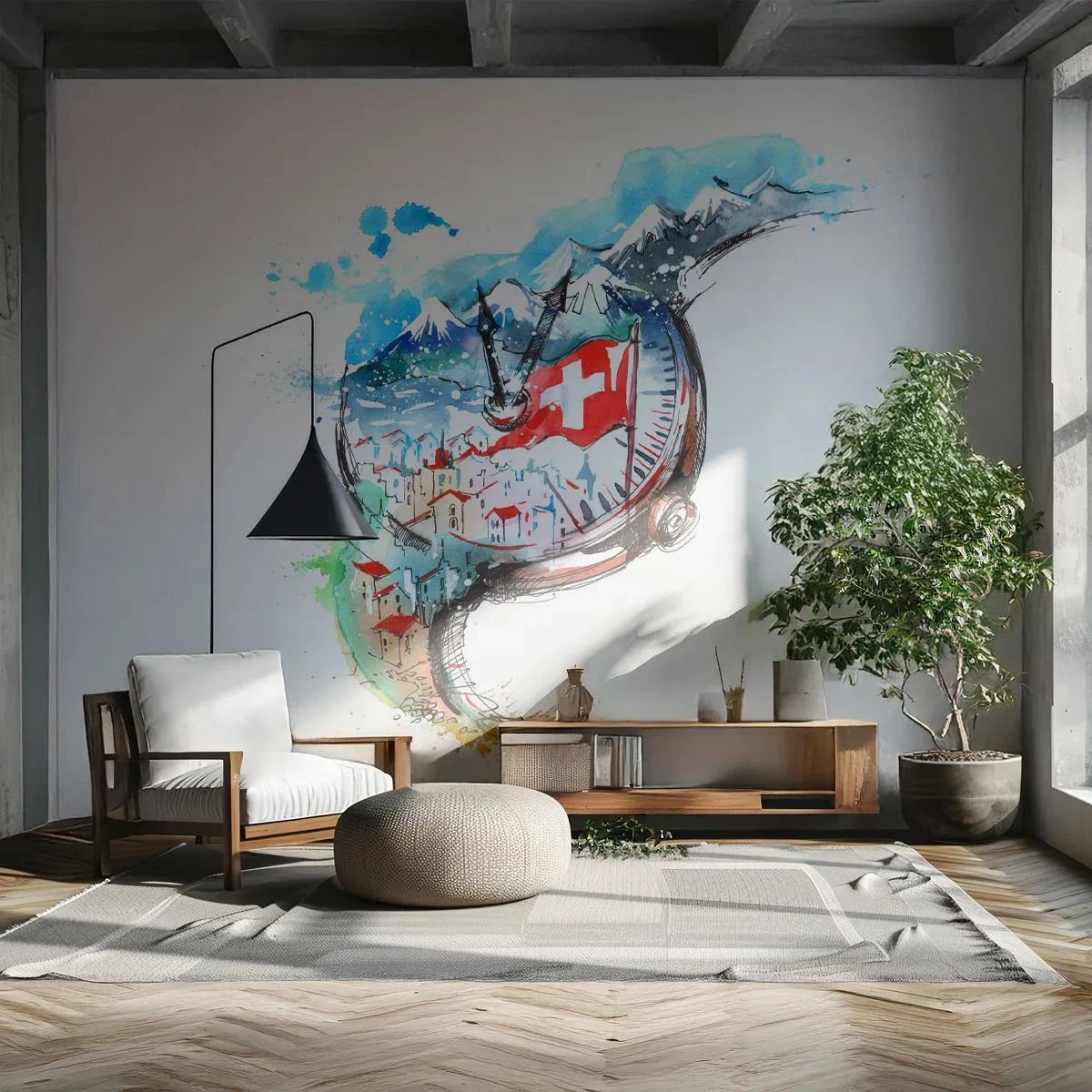 Fotobehang Premium Canvas - De geest van Zwitserland - Abstractie, Zwitsers horloge, Alpen - 350x256 cm