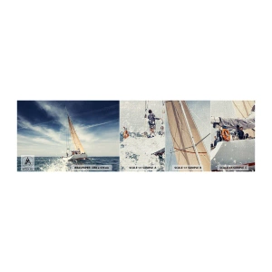 Fotobehang Monster Premium Canvas - Ze halen ons niet in! - Zeilboot, Oceaan, Zeiljacht - 100x30 cm