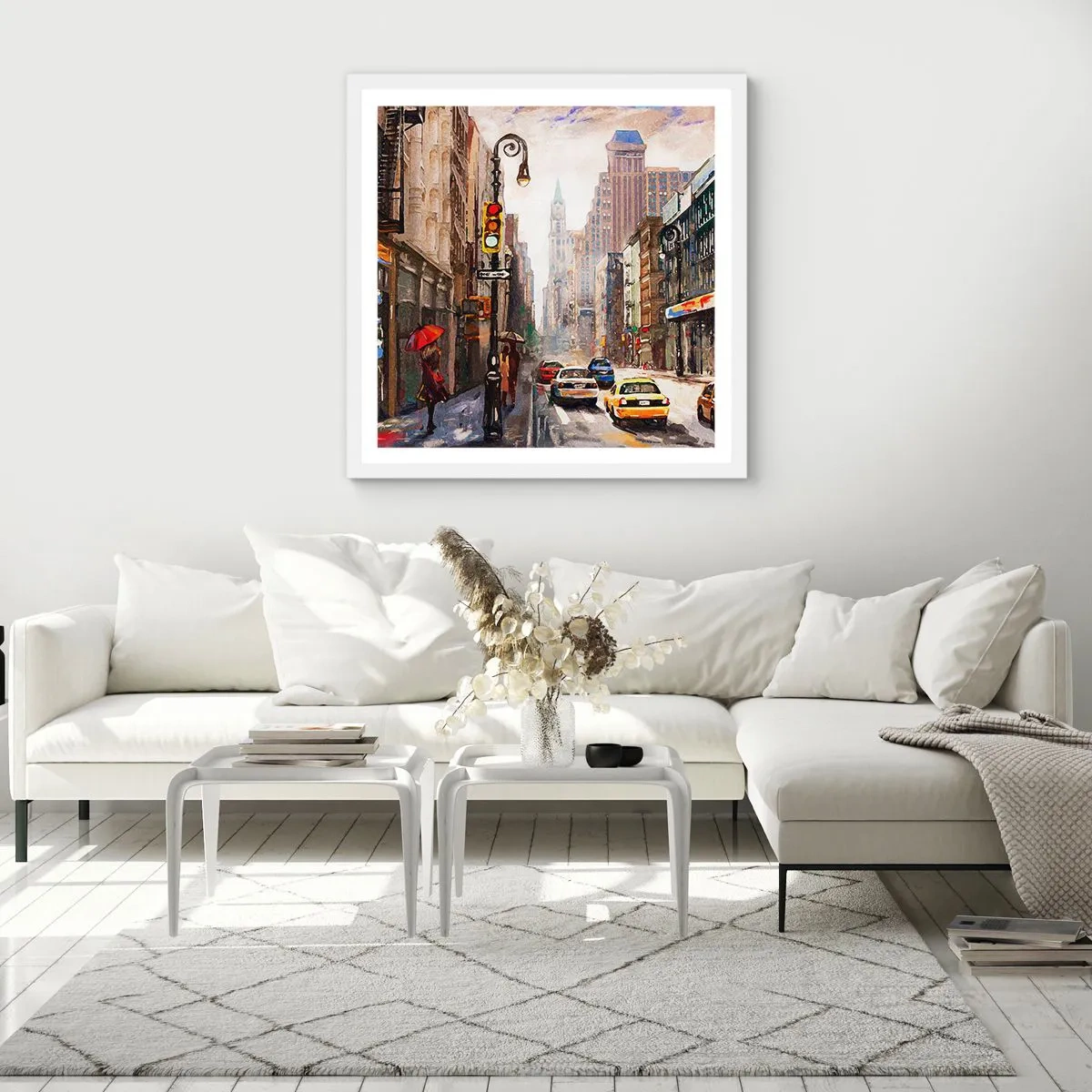 Poster in een witte lijst - New York - ook kleurrijk in de regen - 60x60 cm