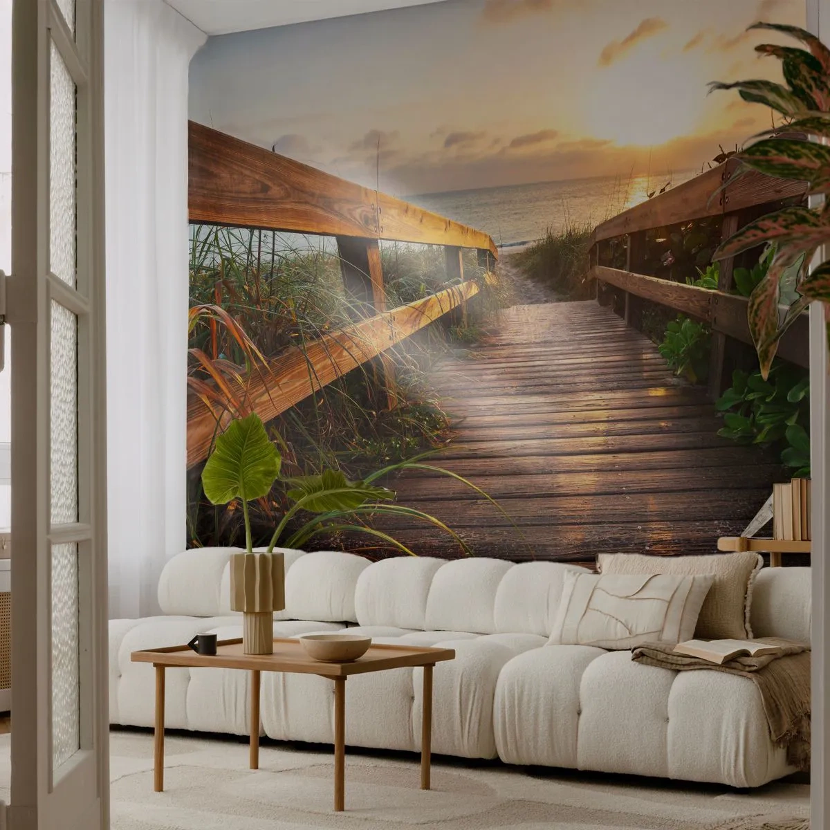 Zelfklevend Fotobehang Deluxe Sticker - En direct naar de kust - Landschap, Zee, Houten brug - 250x175 cm