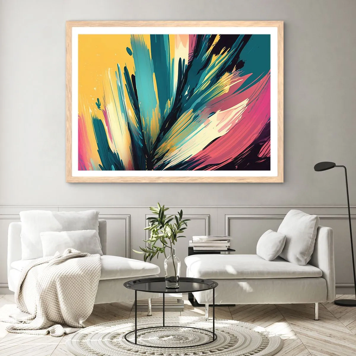 Een poster in een licht eiken lijst - Compositie – een explosie van vreugde - 50x40 cm
