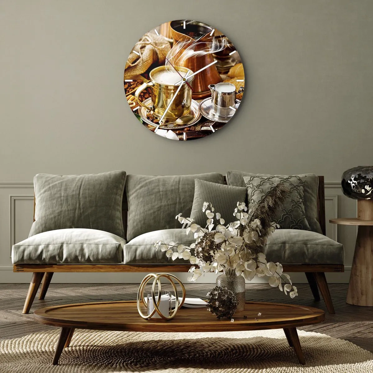 Wandklok - Klok - Een kopje dampende koffie in een gouden lijst met accessoires - 30x30cm - Prettige dag! - Moderne wanddecoratie voor woonkamer, keuken en slaapkamer ARTTOR