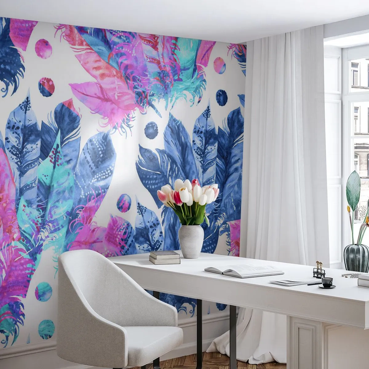 Fotobehang Premium Canvas - Pluimen in roze en blauw - Vogelveer, Kleurrijke illustratie, Grafisch - 250x175 cm