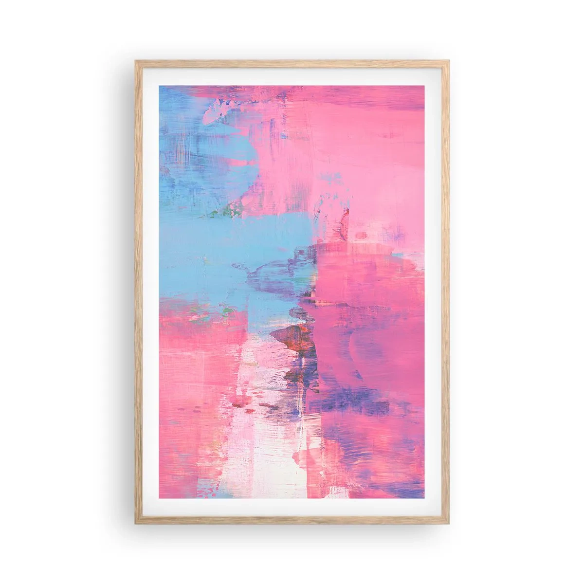 Een poster in een licht eiken lijst - Roze, blauw en een vleugje licht - 61x91 cm