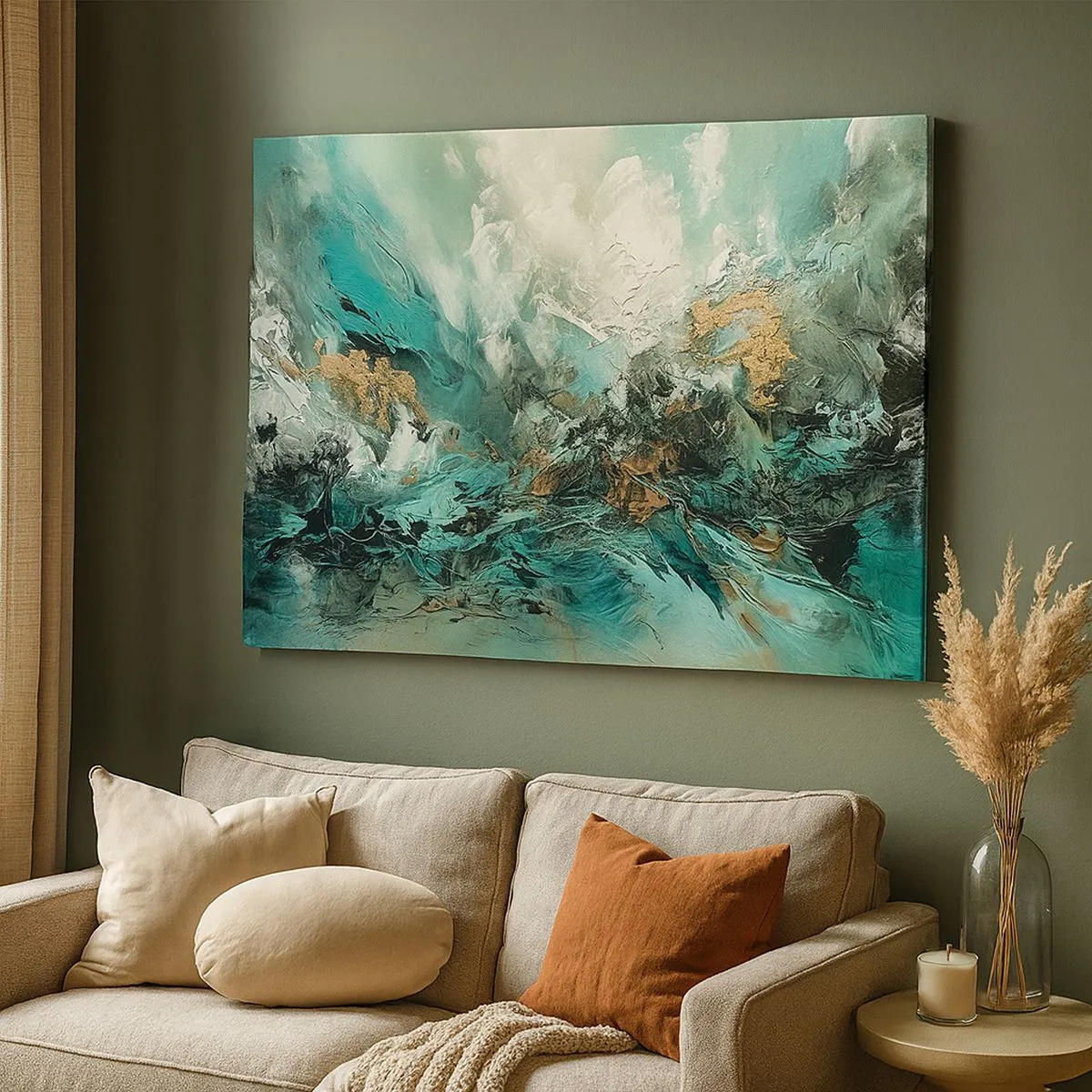 Schilderen op canvas - Abstract landschap in tinten groen en goud - 70x50cm - Emerald en zwarte branding - Moderne wanddecoratie voor woonkamer en slaapkamer ARTTOR