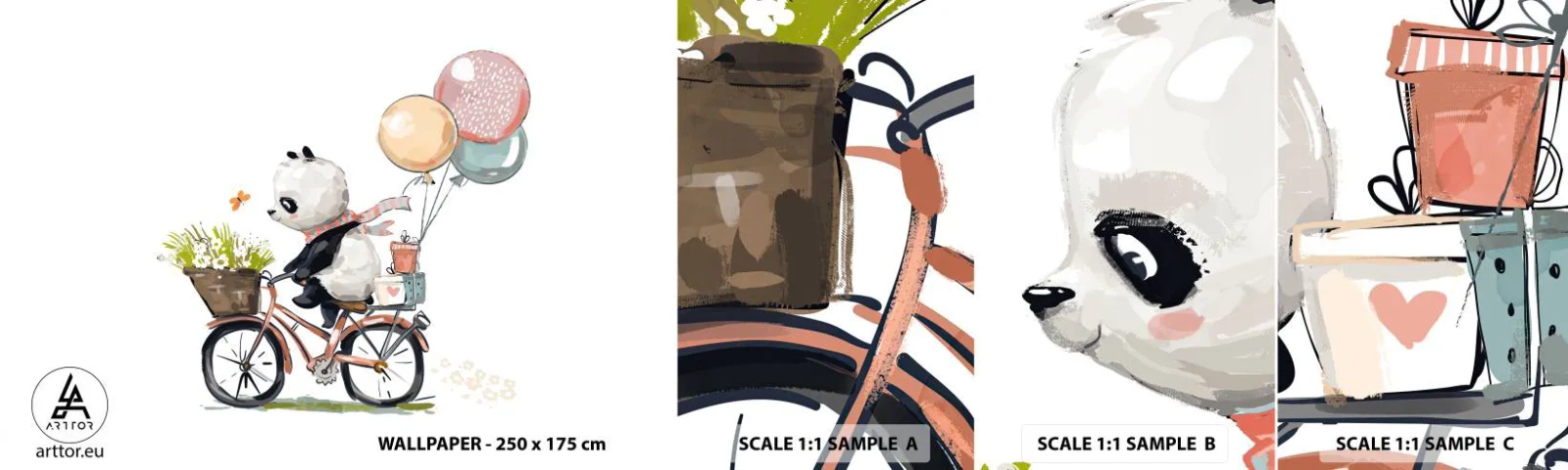 Fotobehang Staaltje Standard Eco - Vrolijke dag - Voor kinderen, Panda op een fiets, Abstractie - 100x30 cm