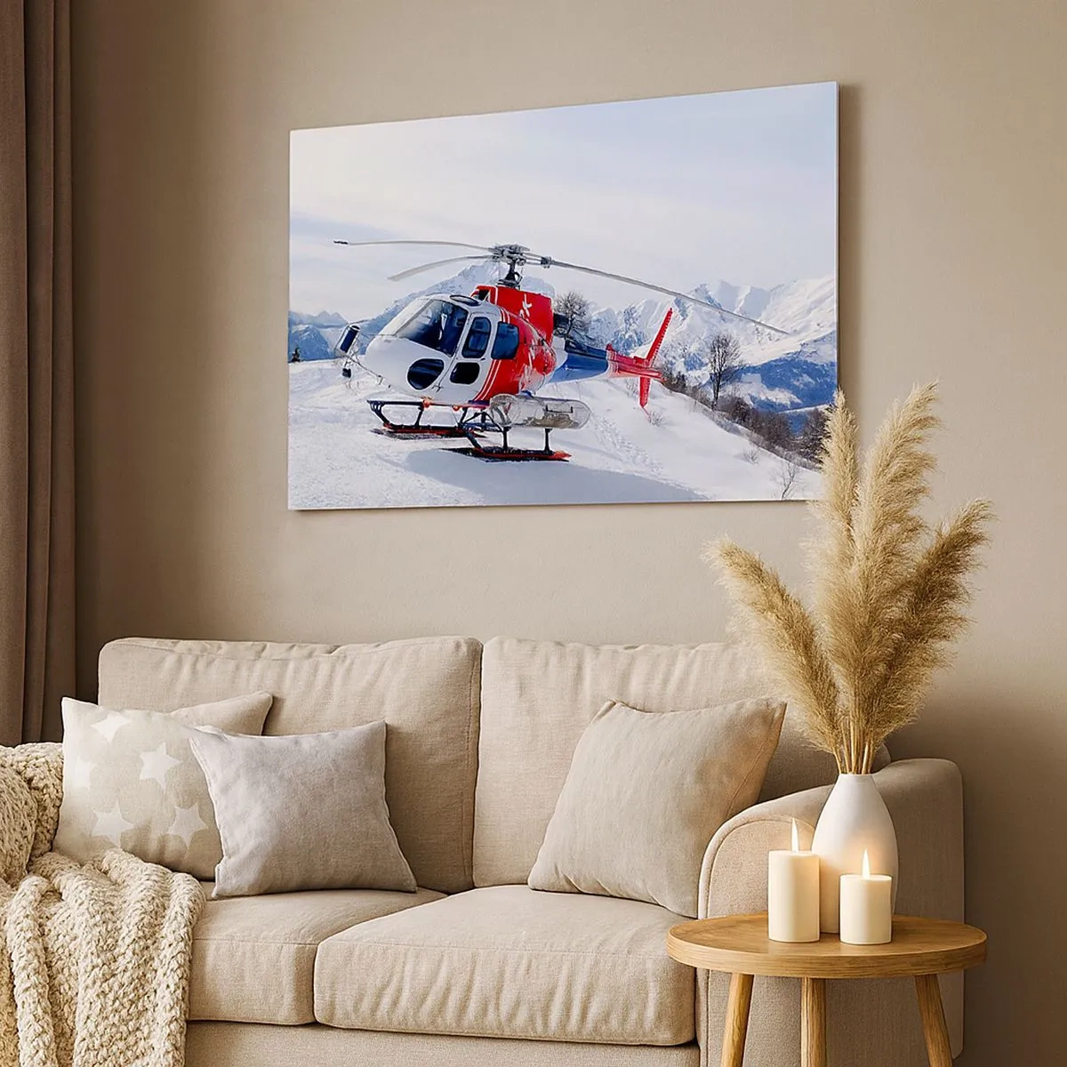 Schilderen op canvas - Een rode helikopter tegen een besneeuwd berglandschap. - 70x50cm - Altijd klaar - Moderne wanddecoratie voor woonkamer en slaapkamer ARTTOR