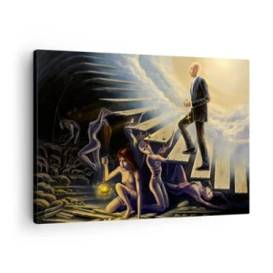 Schilderen op canvas - Een symbolische scène van het pad naar het licht via een vervallen trap - 70x50cm - Danteske reis naar het licht - Moderne wanddecoratie voor woonkamer en slaapkamer ARTTOR
