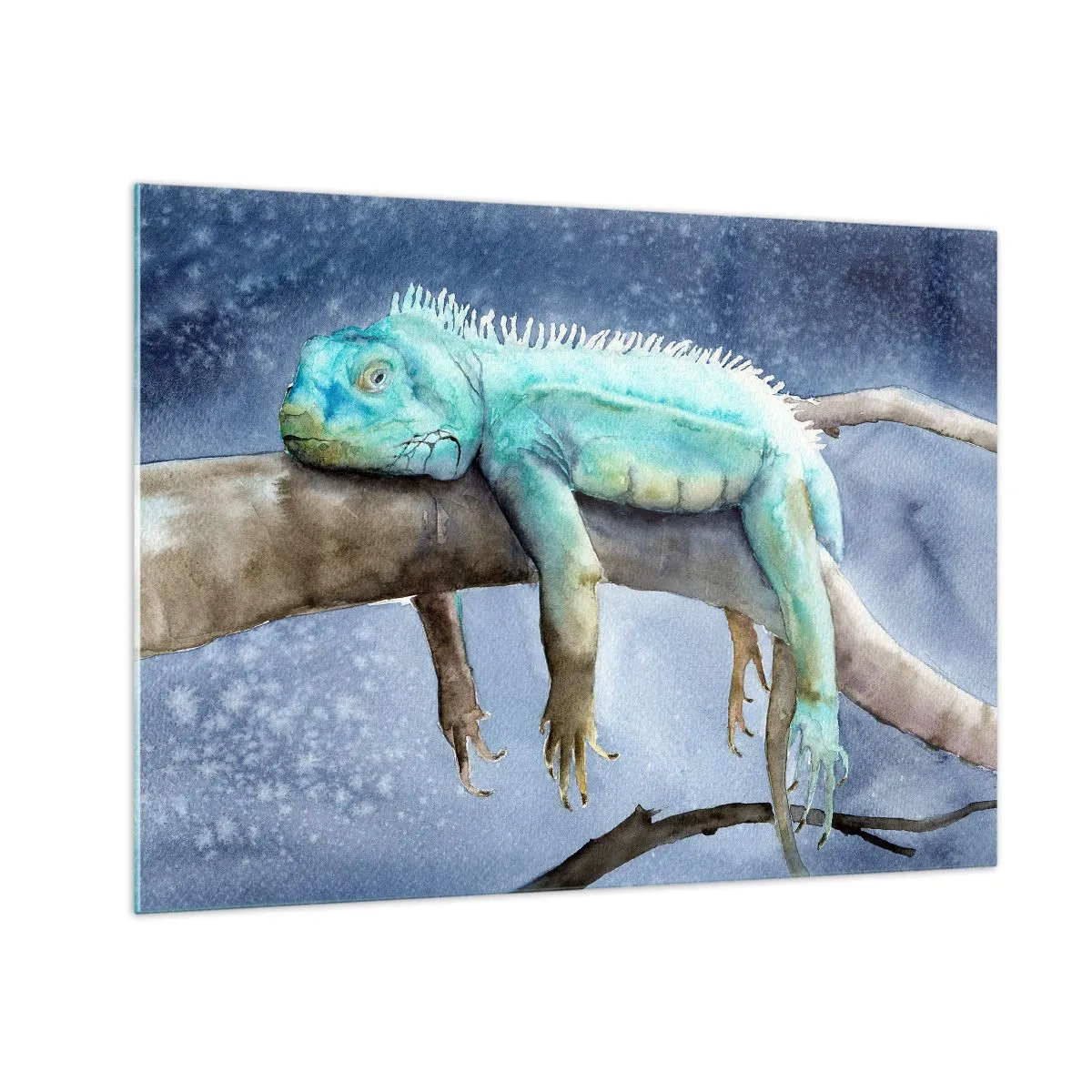 Schilderen op glas - Blauwe leguaan liggend op een tak in aquarelstijl - 70x50cm - Het is goed! - Moderne wanddecoratie voor woonkamer en slaapkamer ARTTOR