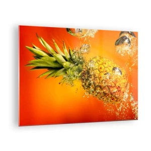 Schilderen op glas - Ananas ondergedompeld in water tegen een achtergrond van intens oranje - 70x50cm - Tropische sappige frisheid - Moderne wanddecoratie voor woonkamer en slaapkamer ARTTOR