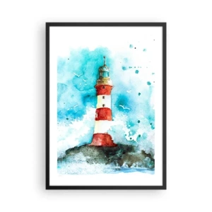 Poster in een zwarte lijst - Vuurtoren in aquarelstijl met zeegolven - 50x70cm - Eenheid van de elementen - Moderne wanddecoratie voor woonkamer en slaapkamer ARTTOR