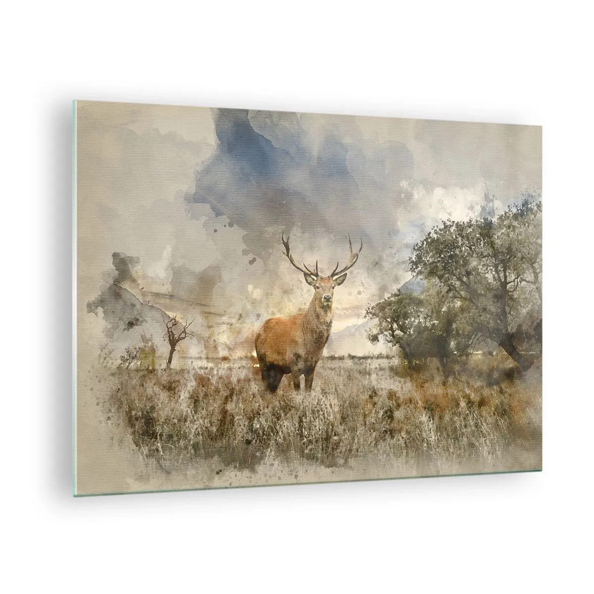 Schilderen op glas - Een hert in een natuurlijk landschap met subtiele kleuren op de achtergrond - 70x50cm - Waardigheid - kracht - waardigheid - Moderne wanddecoratie voor woonkamer en slaapkamer ARTTOR