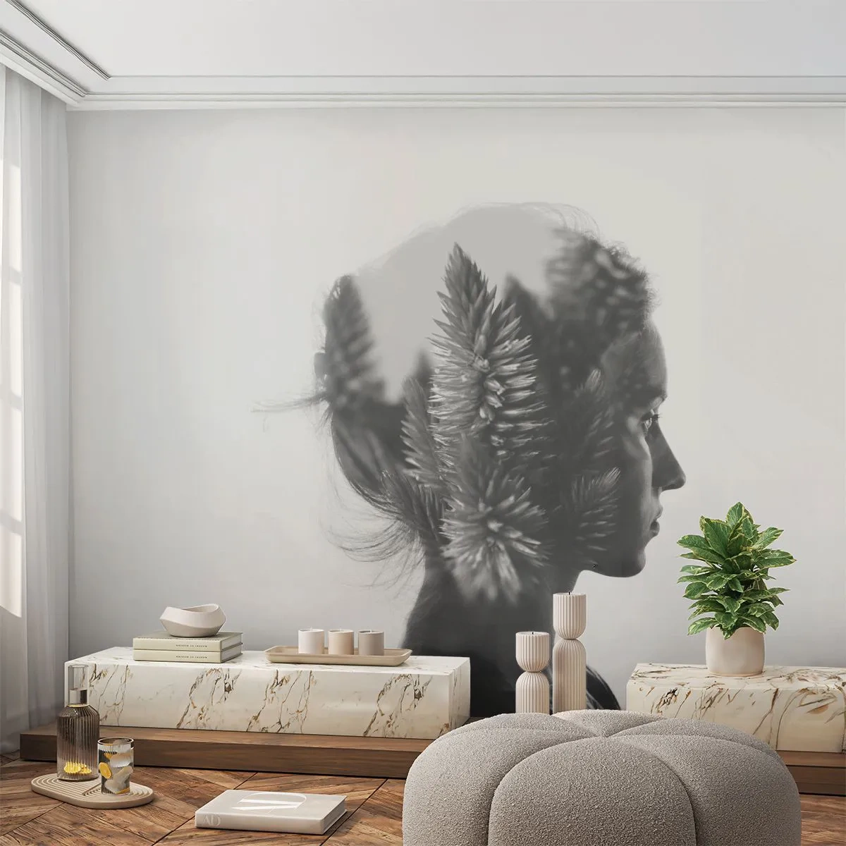 Fotobehang Premium Canvas - Vrouwe van het dennenbos - Abstractie, Vrouw, Deel - 350x256 cm