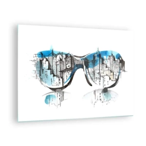 Schilderen op glas - Het stadsgezicht weerspiegeld in een zonnebril - 70x50cm - Chique van de grote stad - Moderne wanddecoratie voor woonkamer en slaapkamer ARTTOR