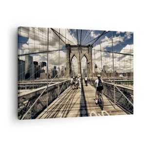 Schilderen op canvas - Brooklyn Bridge met uitzicht op voetgangers en fietsers - 70x50cm - Midden in het hart van de stad - Moderne wanddecoratie voor woonkamer en slaapkamer ARTTOR