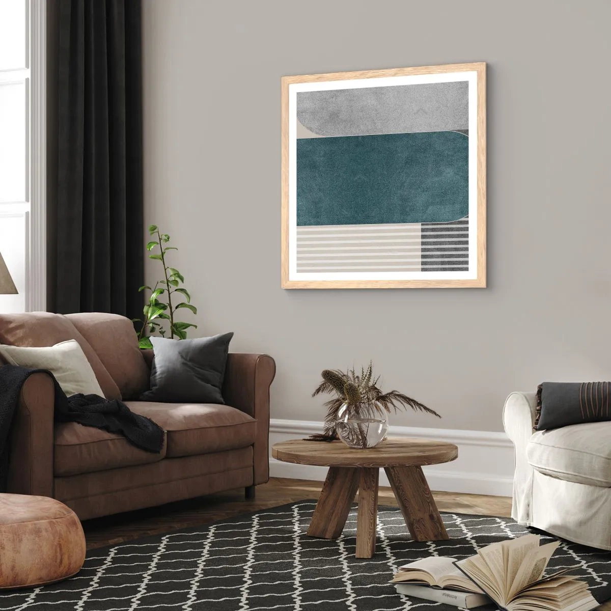 Een poster in een licht eiken lijst - Compositie op niveau - 60x60 cm