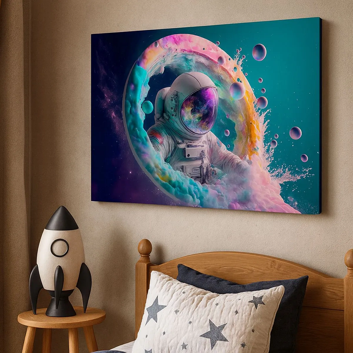 Schilderen op canvas - Astronaut in een kleurrijke kosmische aura - 70x50cm - Sterrenpoort - Moderne wanddecoratie voor woonkamer en slaapkamer ARTTOR