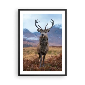 Poster in een zwarte lijst - Een trots hert tegen een bergachtige achtergrond - 50x70cm - Op eigen grond - Moderne wanddecoratie voor woonkamer en slaapkamer ARTTOR