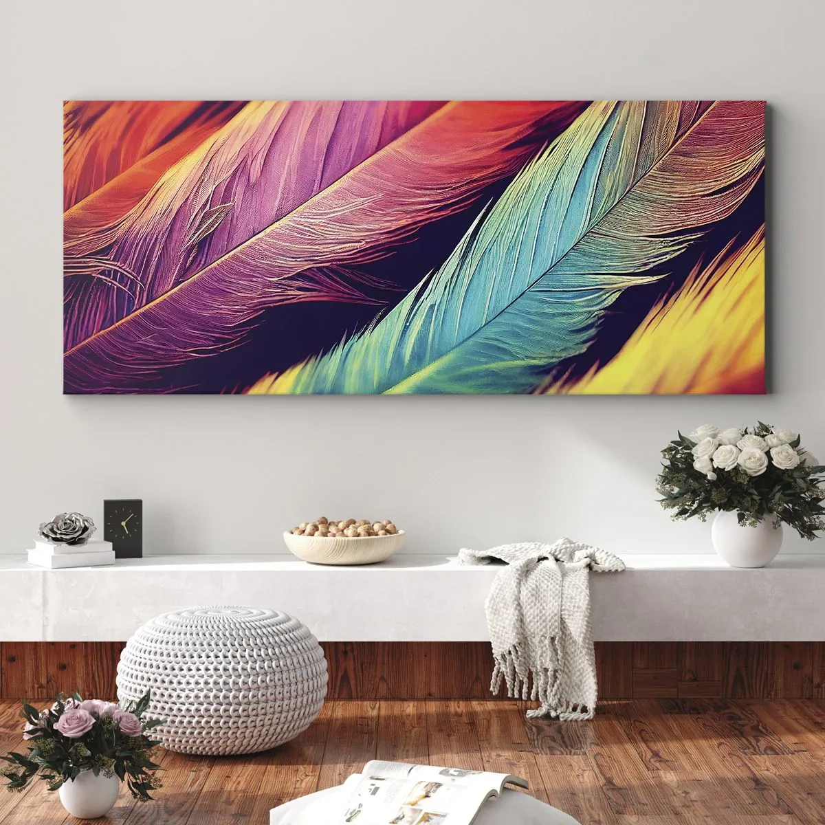 Schilderen op canvas - Gevederde regenboog - 90x30 cm