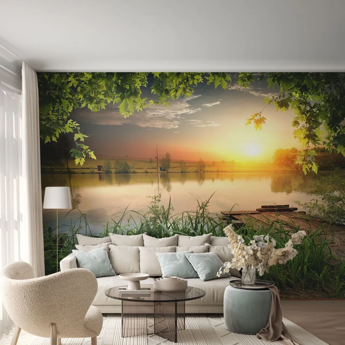 Fotobehang Premium Canvas - Landschap in een groen kader - Landschap, Meer, Houten brug - 250x175 cm