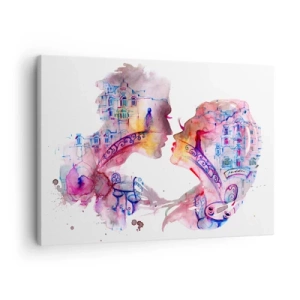 Schilderen op canvas - Een romantische aquarel met silhouetten van geliefden - 70x50cm - De geheime brug van zuchten - Moderne wanddecoratie voor woonkamer en slaapkamer ARTTOR