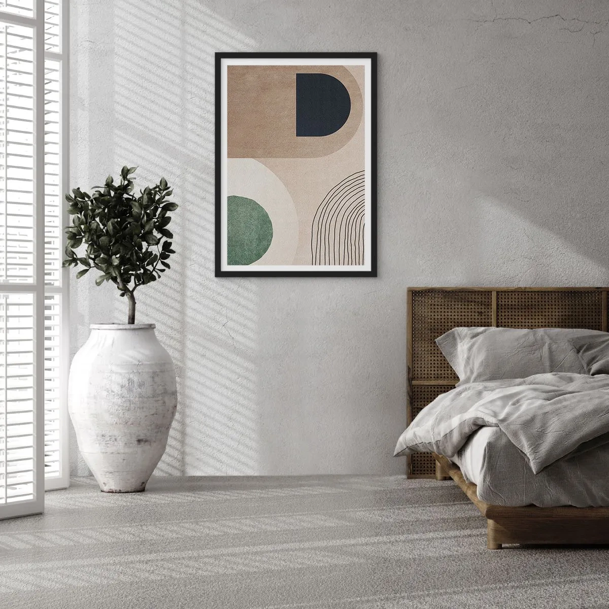 Poster in een zwarte lijst - Geometrische abstractie in beige, groene en zwarte tinten - 50x70cm - De zachtheid van het ovaal - Moderne wanddecoratie voor woonkamer en slaapkamer ARTTOR