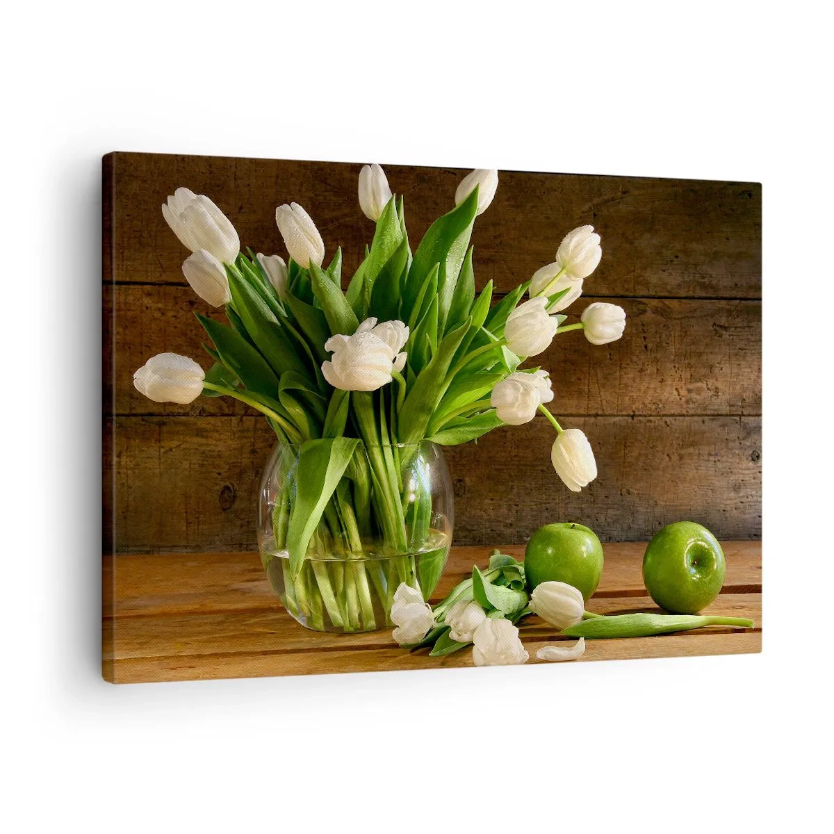 Schilderen op canvas - Een boeket witte tulpen in een glazen vaas met groene appels - 70x50cm - Sappig en fris in groen en wit - Moderne wanddecoratie voor woonkamer en slaapkamer ARTTOR