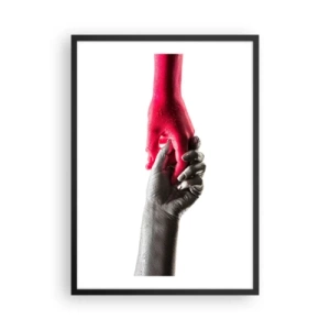 Poster in een zwarte lijst - Symbolische handen in rood en zilver op een witte achtergrond - 50x70cm - Samen, hoewel anders - Moderne wanddecoratie voor woonkamer en slaapkamer ARTTOR