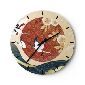 Wandklok - Klok - Japanse kraanvogels tegen een achtergrond van een rode cirkel en gestileerde golven. - 30x30cm - Japans sprookje - Moderne wanddecoratie voor woonkamer, keuken en slaapkamer ARTTOR