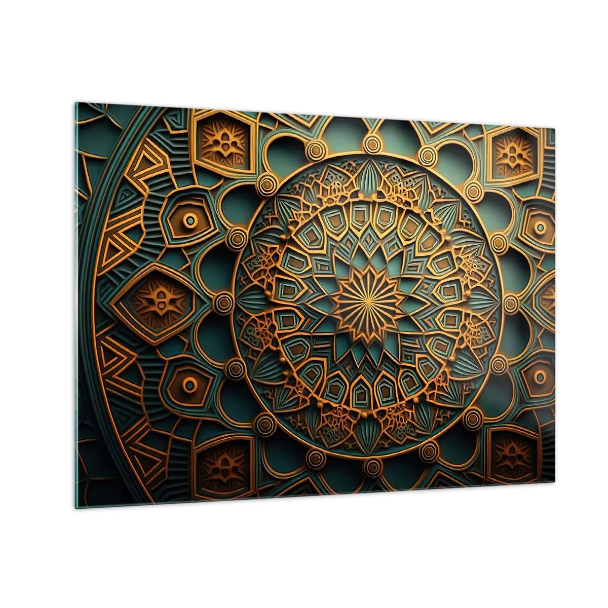 Schilderen op glas - Goud en turquoise ornament in de stijl van een Arabisch mozaïek - 70x50cm - In Arabische sfeer - Moderne wanddecoratie voor woonkamer en slaapkamer ARTTOR