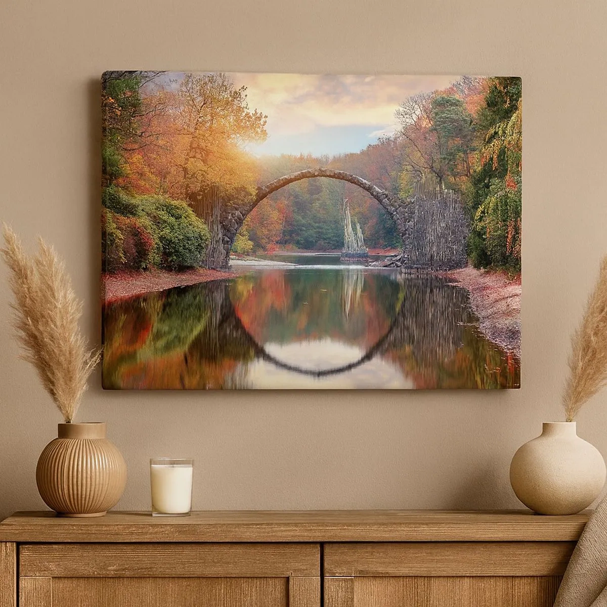 Schilderen op canvas - Een stenen brug in een herfstlandschap over kalm water - 70x50cm - Aan de andere kant van de spiegel - Moderne wanddecoratie voor woonkamer en slaapkamer ARTTOR