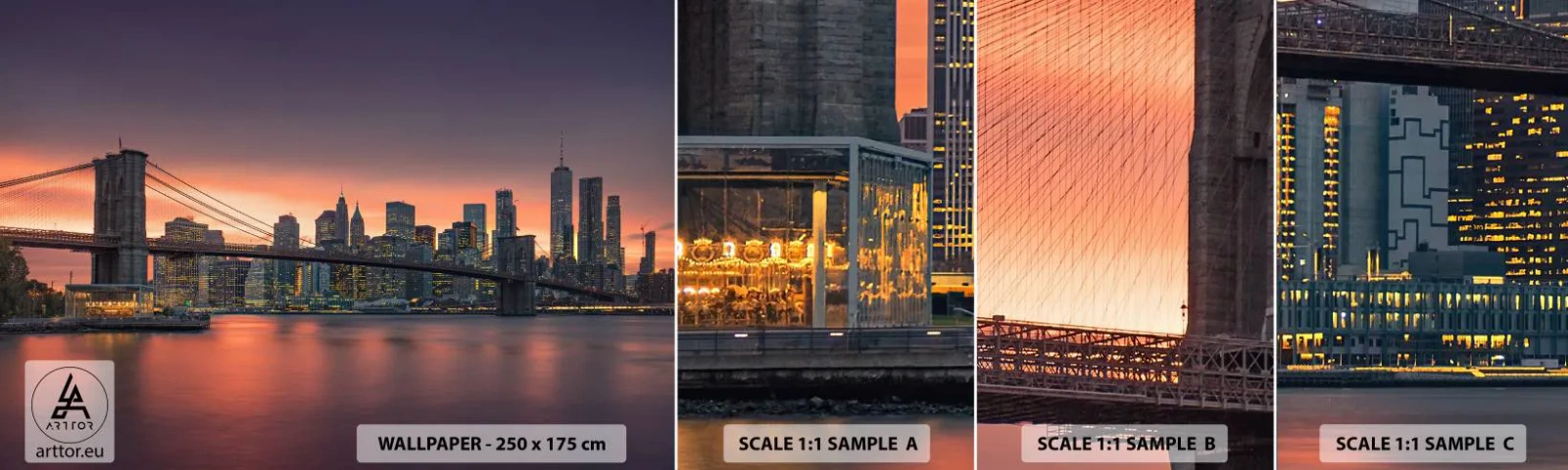 Fotobehang Monster Zelfklevend Deluxe Sticker - Ondergedompeld in lila stilte - New York, Stad, Brooklyn Bridge - 100x30 cm