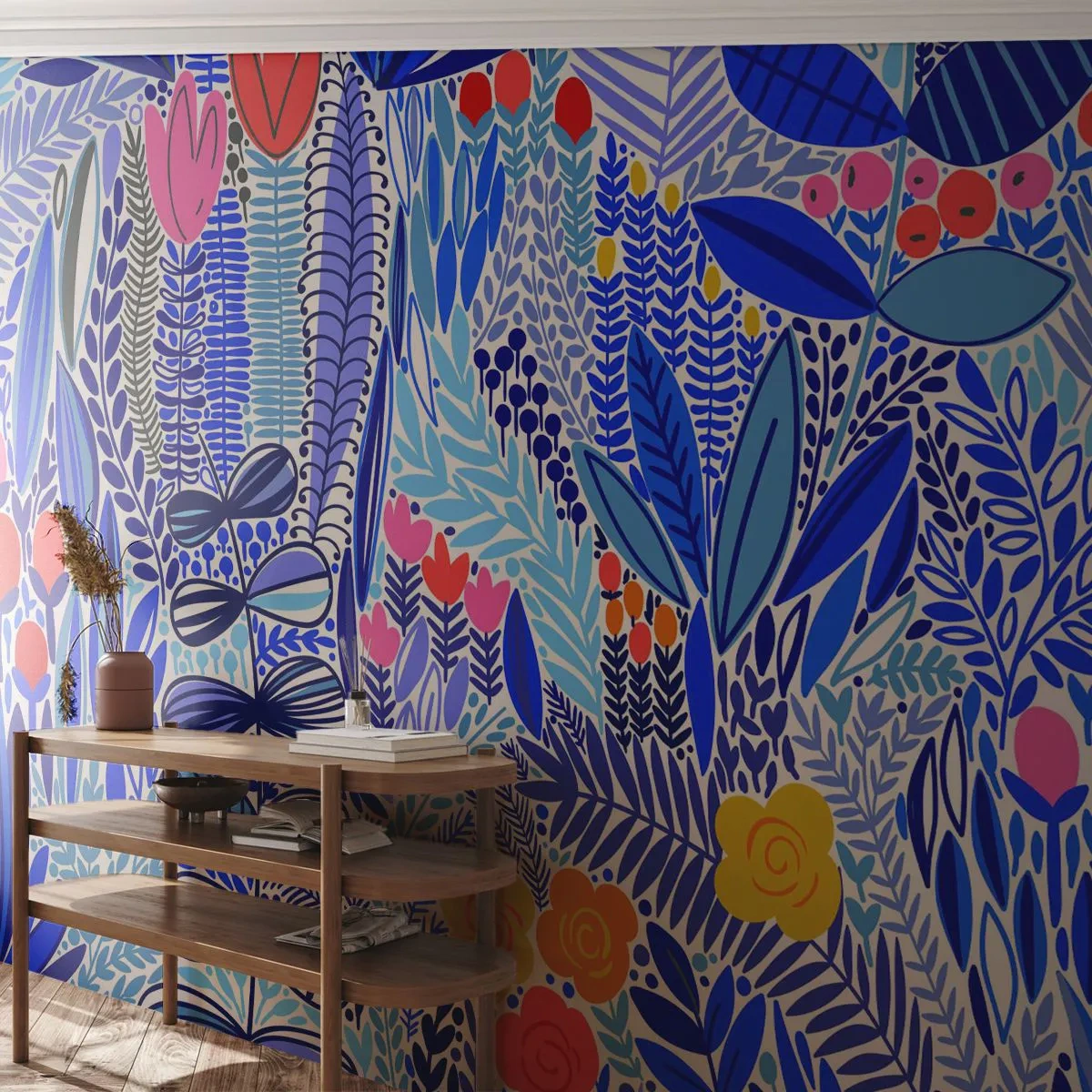 Fotobehang Premium Canvas - Hawaiiaanse tuin - Bloemen, Bladeren, Wei - 250x175 cm