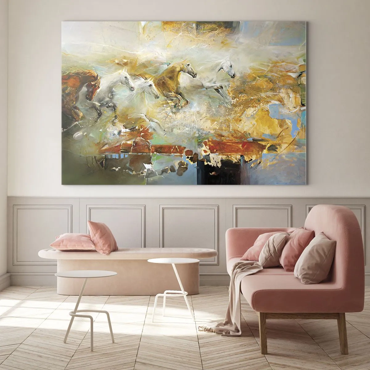 Schilderen op glas - Abstracte paarden in dynamische beweging - 70x50cm - Galopperen door het licht - Moderne wanddecoratie voor woonkamer en slaapkamer ARTTOR