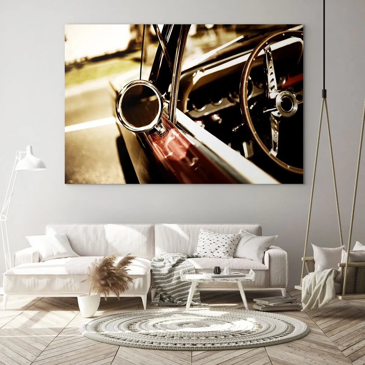 Schilderen op glas - Klassiek auto-interieur in retrostijl - 70x50cm - Een auto met een ziel - Moderne wanddecoratie voor woonkamer en slaapkamer ARTTOR