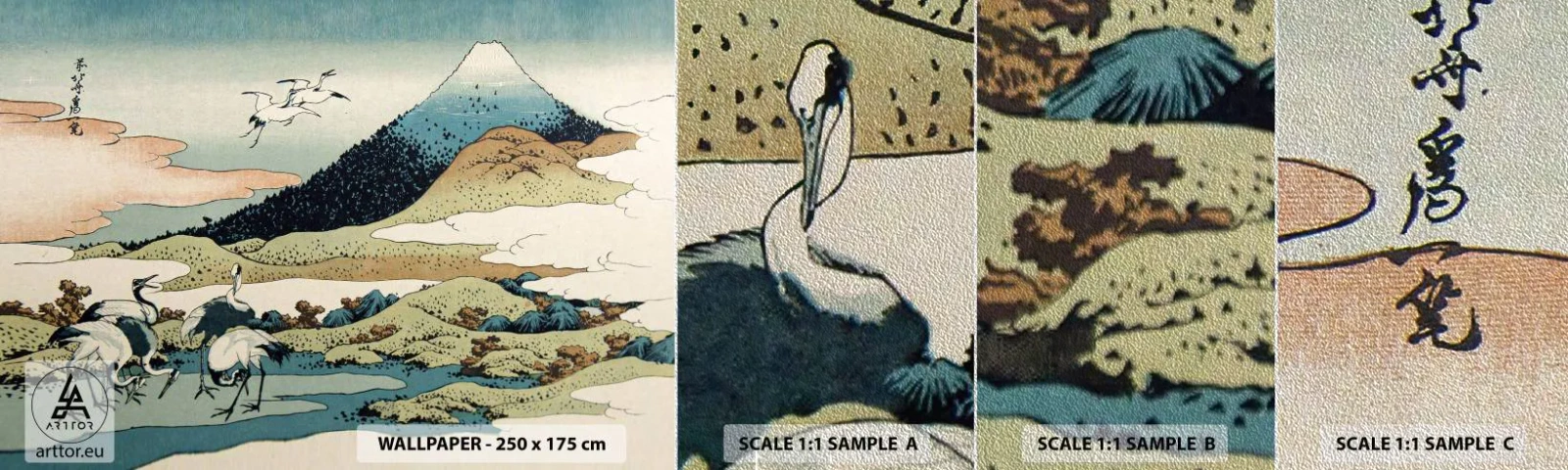 Fotobehang Monster Premium Sand - In de Japanse geest - Ooievaar, Vogel, Landschap - 100x30 cm