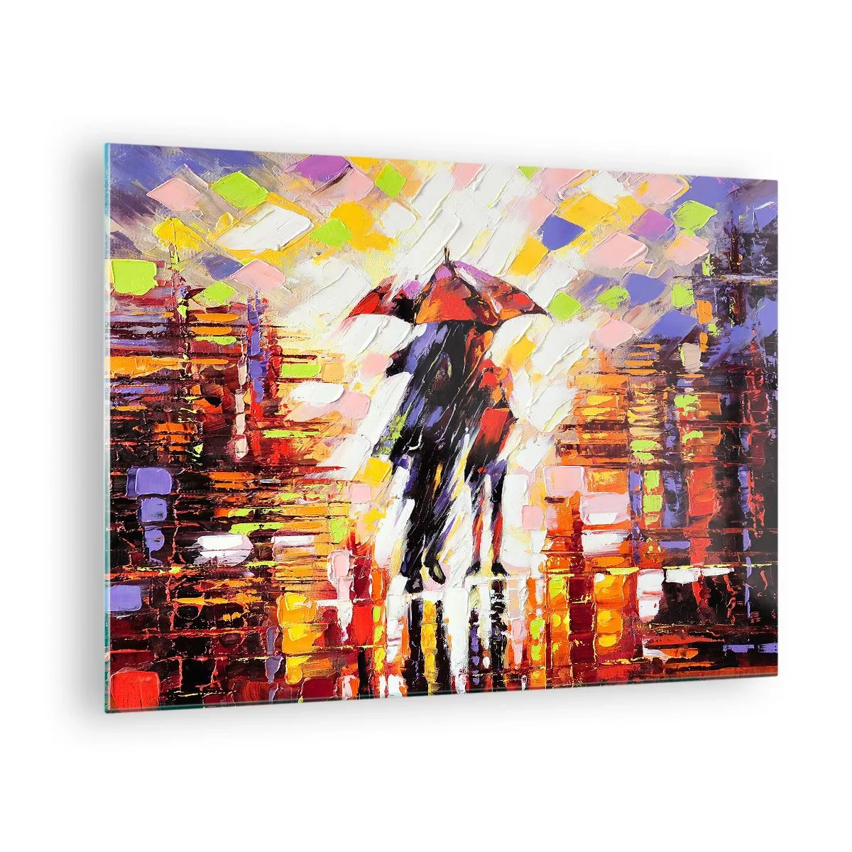 Schilderen op glas - Een stel onder een rode paraplu in een kleurrijke stad - 70x50cm - Samen door de nacht en regen - Moderne wanddecoratie voor woonkamer en slaapkamer ARTTOR